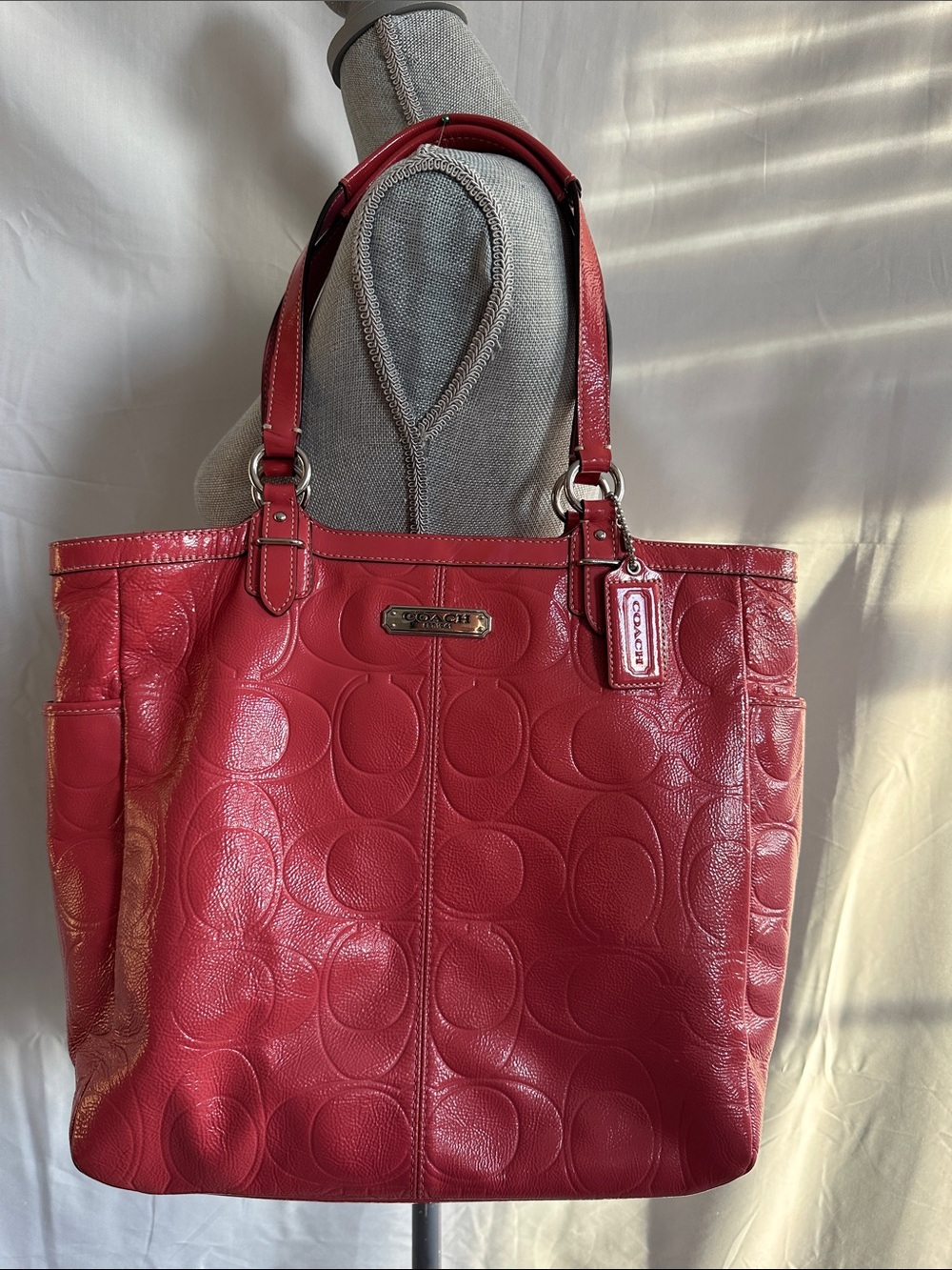 Coach F19818 Rose Patent Leather Large Monogram Tote Double Handles Pockets